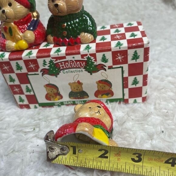 New in Box set of 3PC  ceramic Bear Bell Ornament Red ,Green & Tan colors - Picture 10 of 12